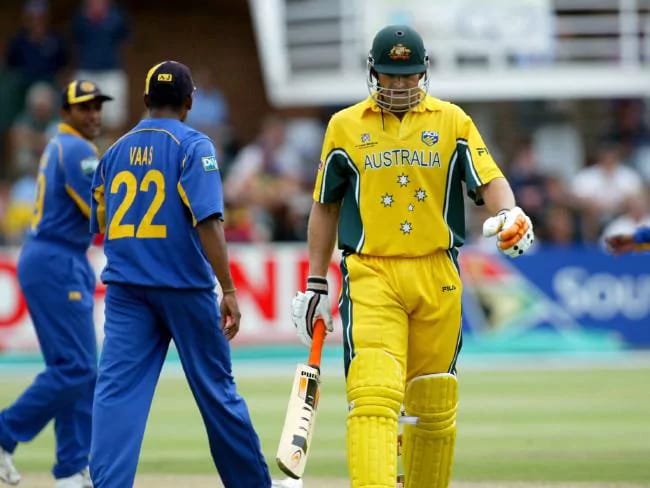 Gilchrist walks off during the World Cup semi-finals against Sri Lanka