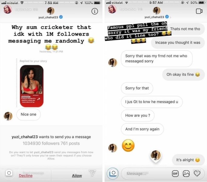 Yuzvendra Chahal inbox girl on Instagram